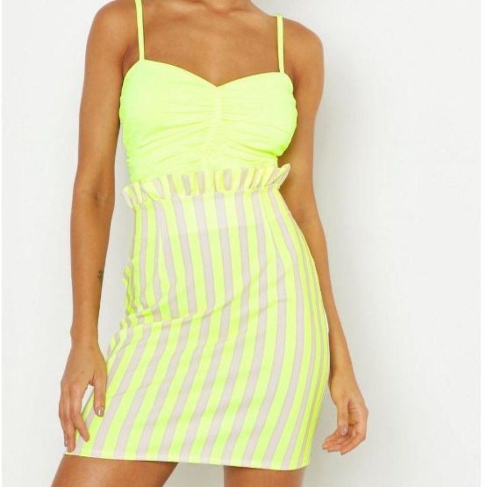 Neon Stripe Ruffle Waist Mini Skirt